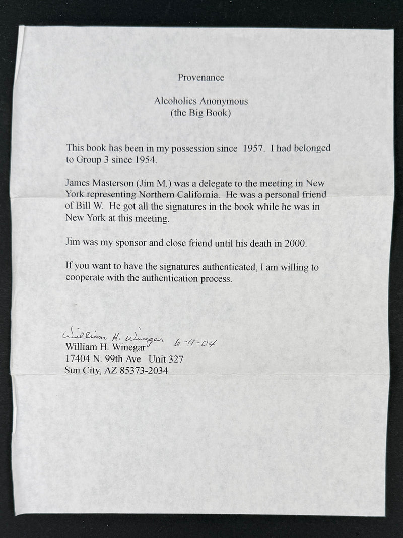 Alcoholics Anonymous Big Book — Second Edition First Printing 1955 — Inscribed by Bill W. to Sacramento Group #3 — Jim Masterson Provenance