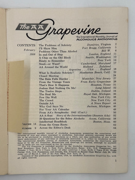 AA Grapevine - Problems Other Than Alcohol by Bill - February 1958