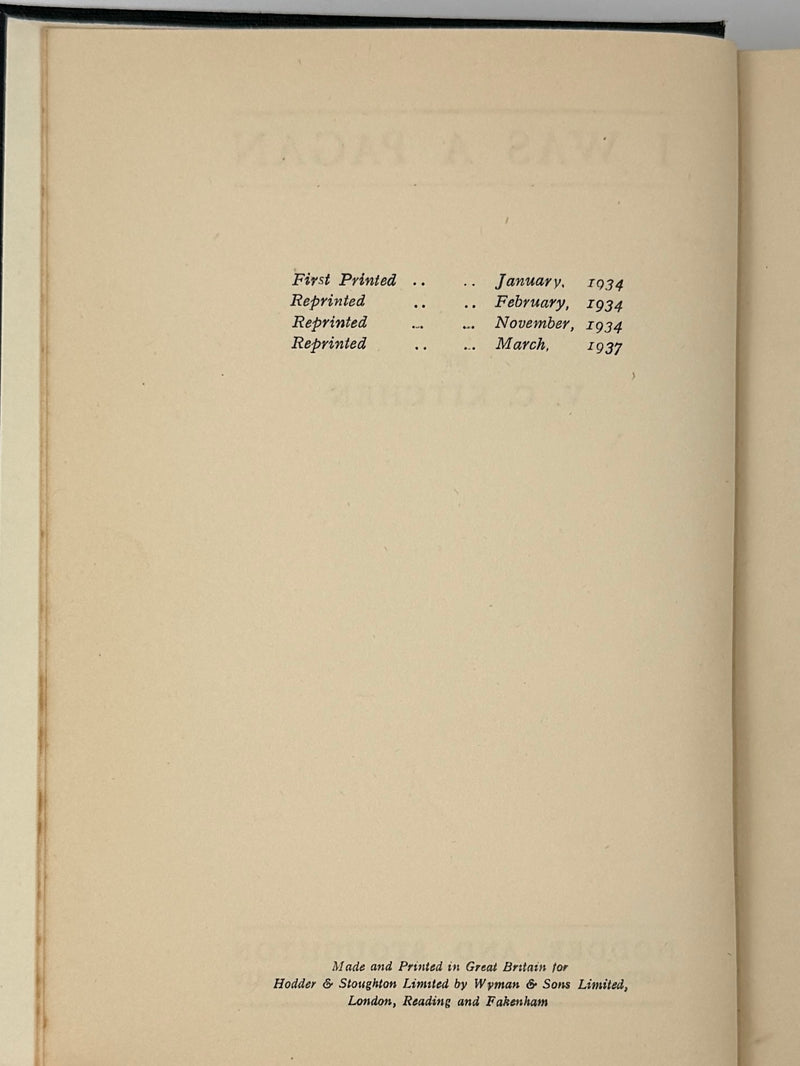I Was a Pagan — V. C. Kitchen (Hodder & Stoughton) | Fourth Printing — 1937 ODJ