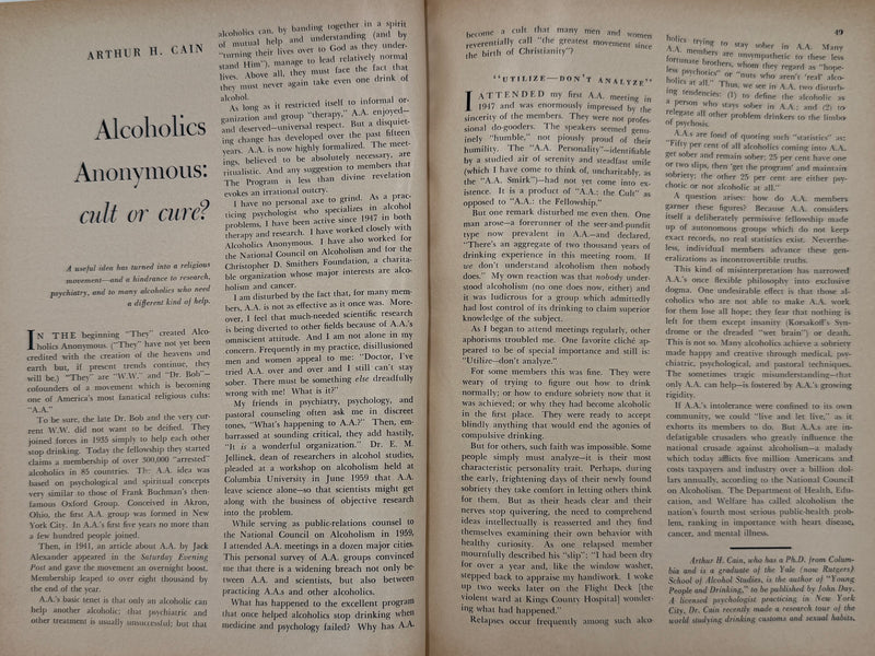 Harper’s Magazine — February 1963  Featuring “Alcoholics Anonymous: Cult or Cure?” by Arthur H. Cain