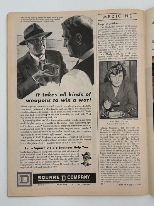 Time Magazine from October 1944 - Marty Mann - Help for Drunkards