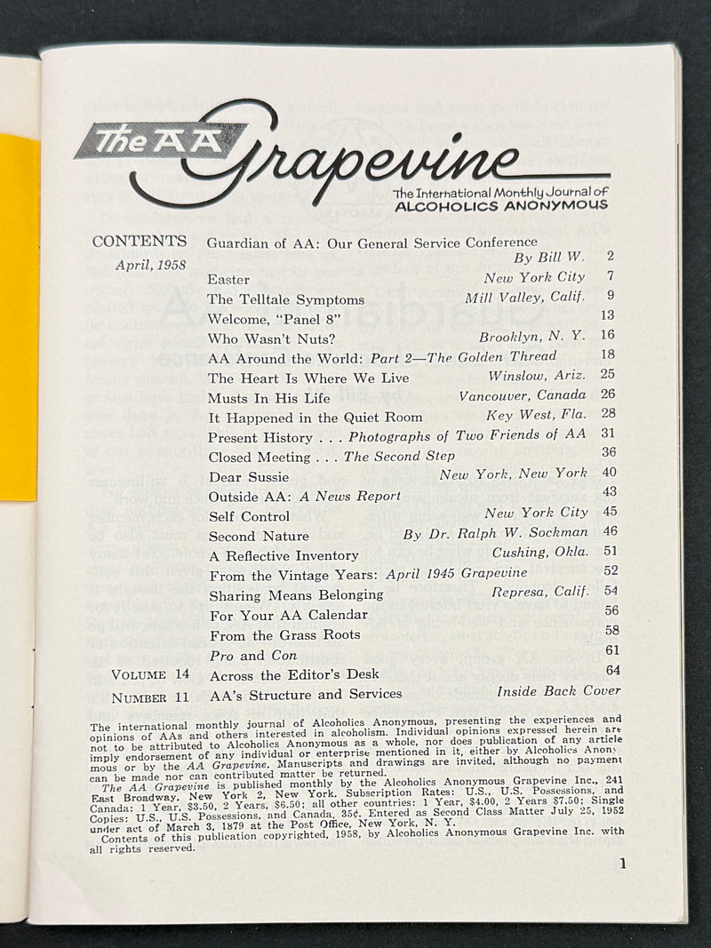 AA Grapevine from April 1958 - Guardian of AA by Bill