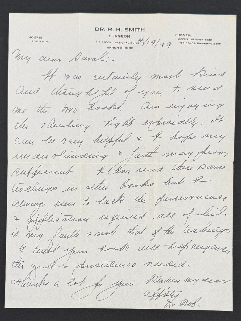 Exceptionally Rare 1949 Dr. Bob Handwritten Letter