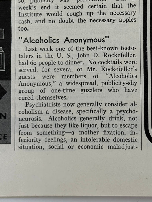 Time Magazine from February 1940 - Alcoholics Anonymous Rockefeller Dinner