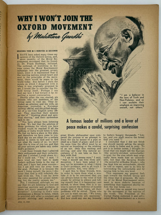 Liberty Magazine from April 1940 - Why I Won’t Join The Oxford Movement by Mahatma Ghandi