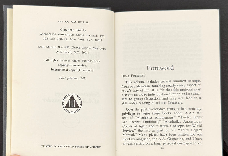 The A.A. Way of Life — Bill W. — 1967 First Printing with Original Dust Jacket