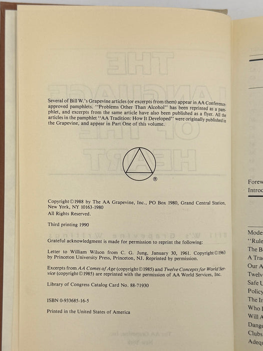 The Language of the Heart: Bill W.’s Grapevine Writings - 3rd Printing 1990 - ODJ