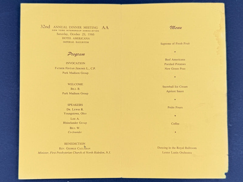 Bill W.’s 32nd A.A. Anniversary — 1966 New York Intergroup Dinner Program