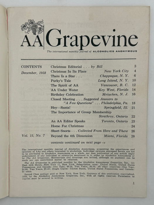 AA Grapevine December 1958 - Christmas Editorial by Bill