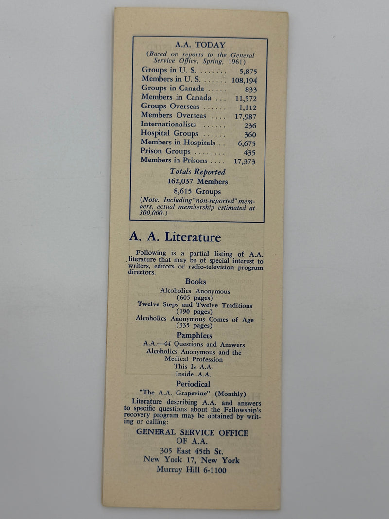 THE FELLOWSHIP OF ALCOHOLICS ANONYMOUS - Pamphlet from 1961