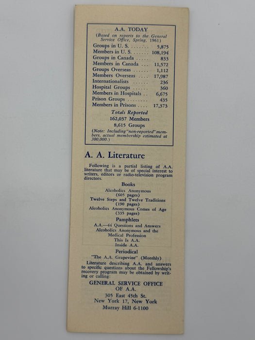 THE FELLOWSHIP OF ALCOHOLICS ANONYMOUS - Pamphlet from 1961
