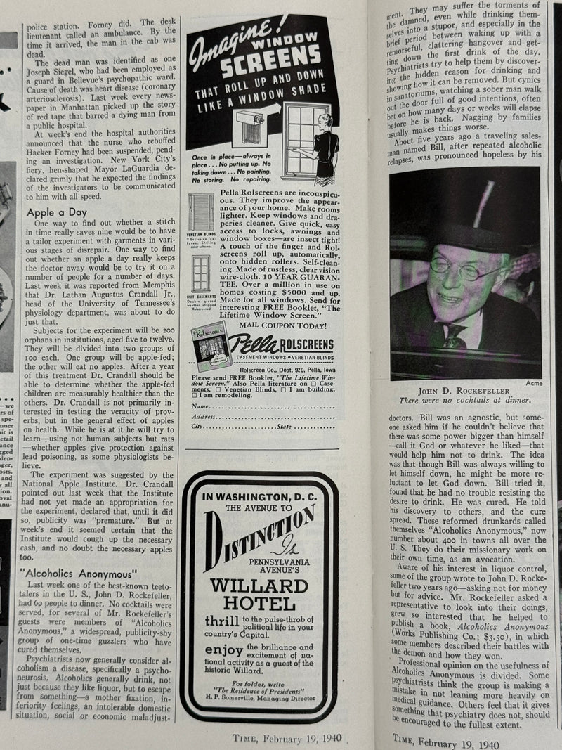 Time Magazine from February 1940 - Alcoholics Anonymous Rockefeller Dinner