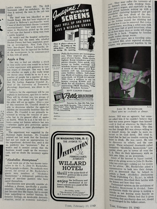 Time Magazine from February 1940 - Alcoholics Anonymous Rockefeller Dinner