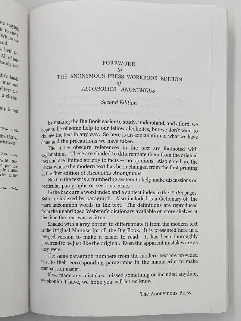 The Anonymous Press Workbook Edition of Alcoholics Anonymous - Second Edition