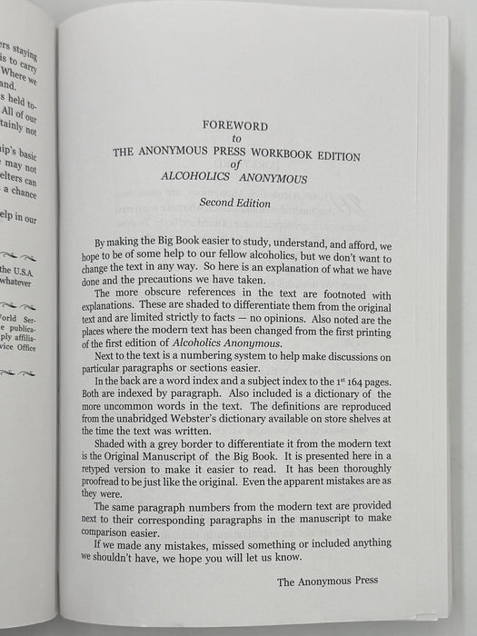 The Anonymous Press Workbook Edition of Alcoholics Anonymous - Second Edition