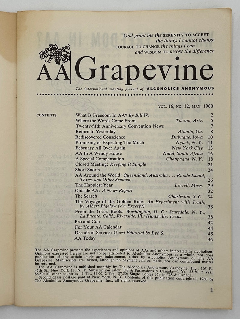 AA Grapevine from May 1960 - What Is Freedom In AA? by Bill W.