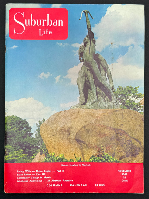 November 1967 issue of Suburban Life magazine cover featuring a large bronze sculpture on a rock under a blue sky, with a red masthead and red footer.