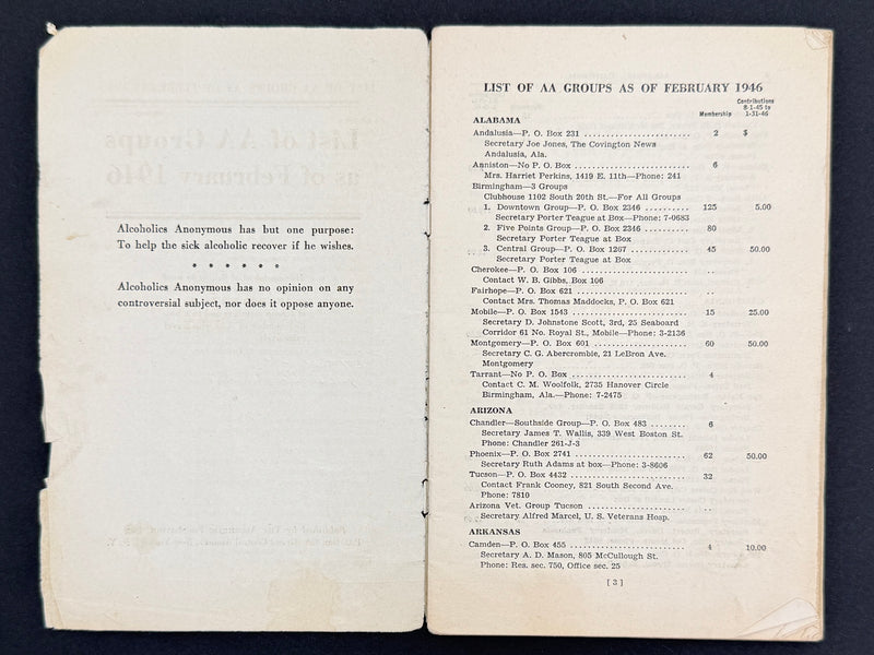 List of AA Groups as of February 1946 — Early Alcoholics Anonymous Directory
