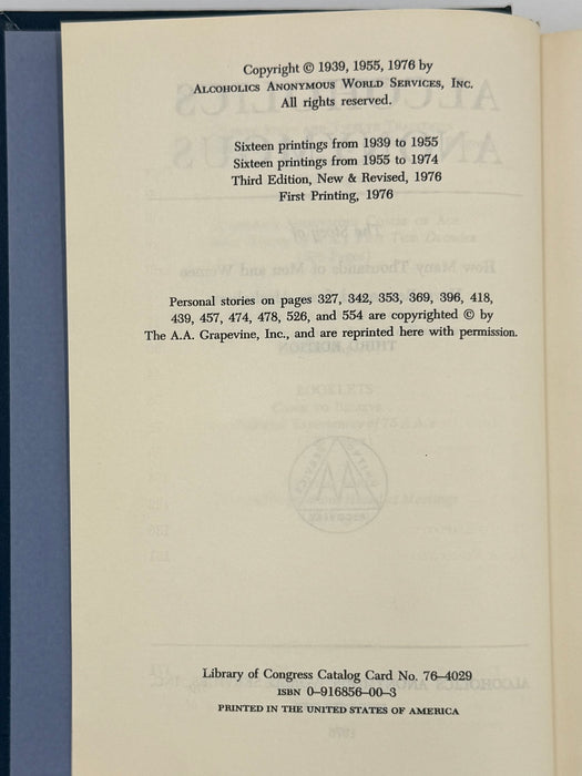 1976 Alcoholics Anonymous Big Book – Third Edition, First Printing – (ODJ)