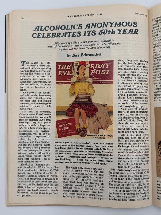 Saturday Evening Post — August 1985 Featuring “Alcoholics Anonymous Celebrates Its 50th Year” by Baz Edwards
