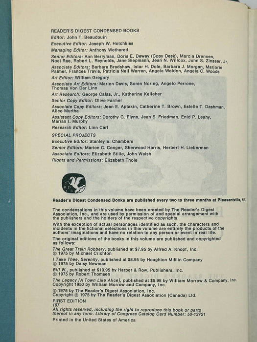 Reader's Digest Condensed Books: BILL W. by Robert Thomsen - 1976