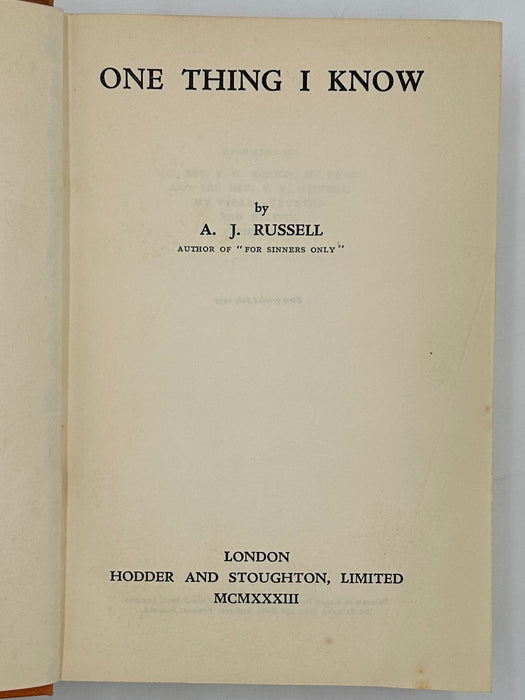 One Thing I Know by A.J. Russell - First Printing 1933