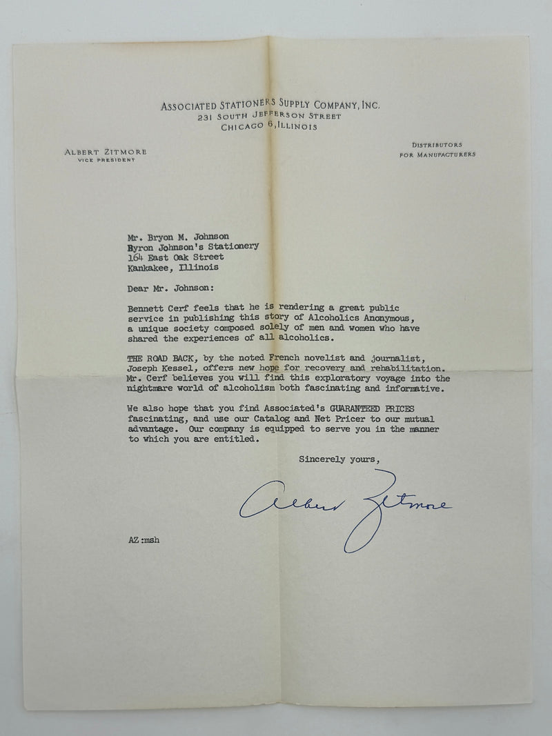 The Road Back: A Report on Alcoholics Anonymous by Joseph Kessel - With Original Promotional Letter