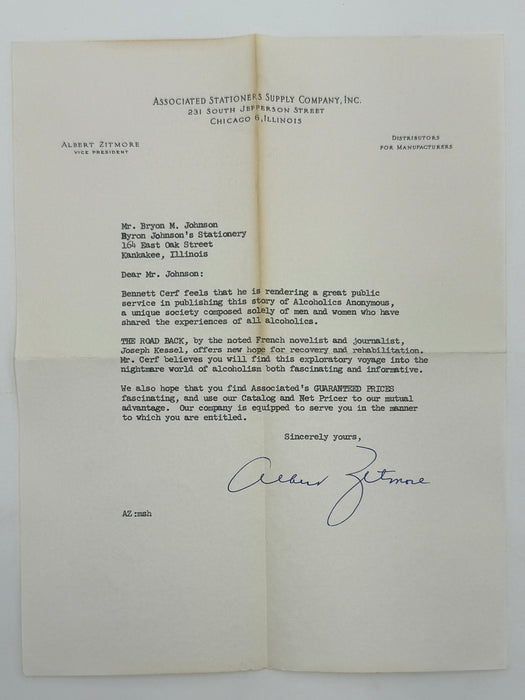 The Road Back: A Report on Alcoholics Anonymous by Joseph Kessel - With Original Promotional Letter