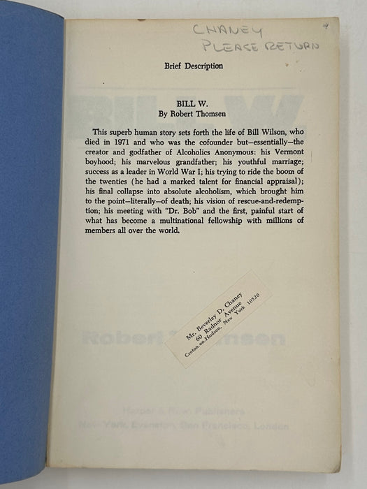 Uncorrected Proof of Bill W. by Robert Thomsen - from 1975