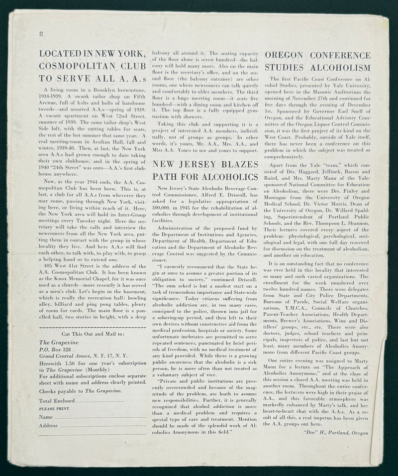 The A.A. Grapevine — January 1945 | Volume I, No. 8