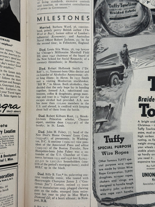 Time Magazine – November 27, 1950 Featuring the Death Notice of Dr. Bob Smith