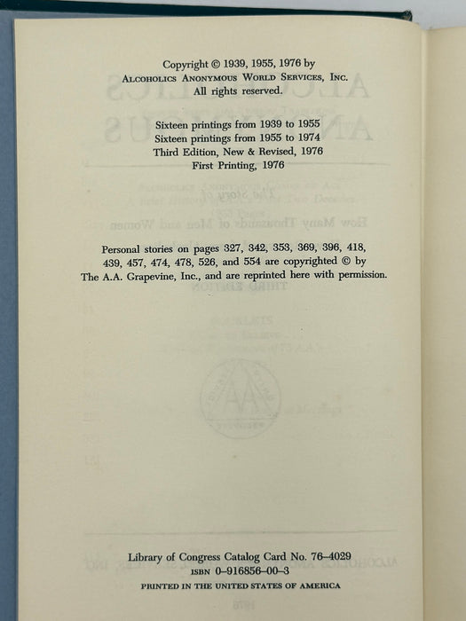 1976 Alcoholics Anonymous Big Book – Third Edition, First Printing – (ODJ)