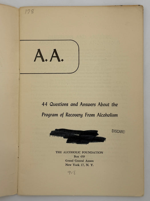 A.A. - 44 Questions and Answers About the Program of Recovery From Alcoholism - 1953 Pamphlet