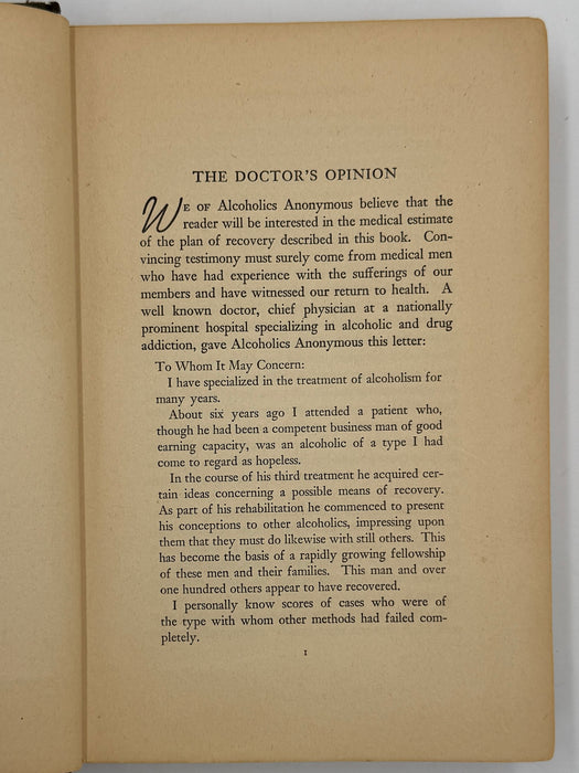 Alcoholics Anonymous Big Book First Edition 4th Printing from 1943 - Green Cover - Original dust jacket