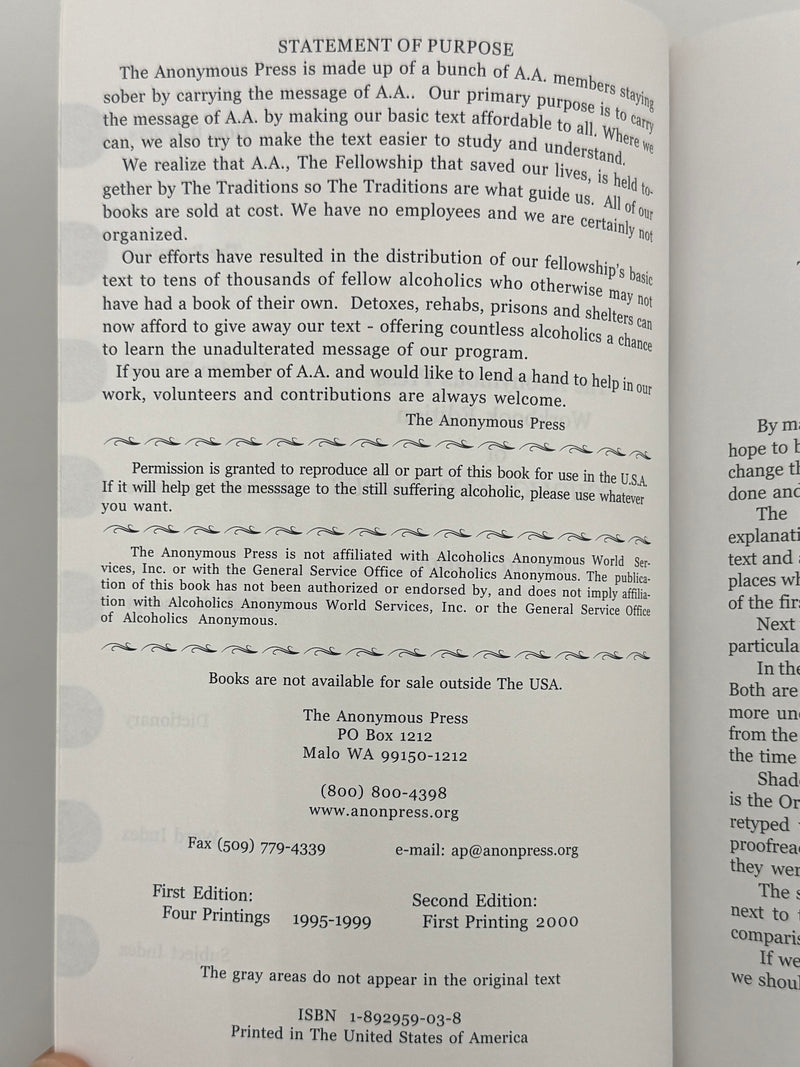 The Anonymous Press Workbook Edition of Alcoholics Anonymous - Second Edition