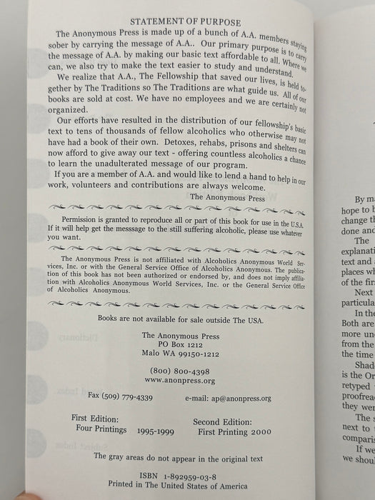 The Anonymous Press Workbook Edition of Alcoholics Anonymous - Second Edition