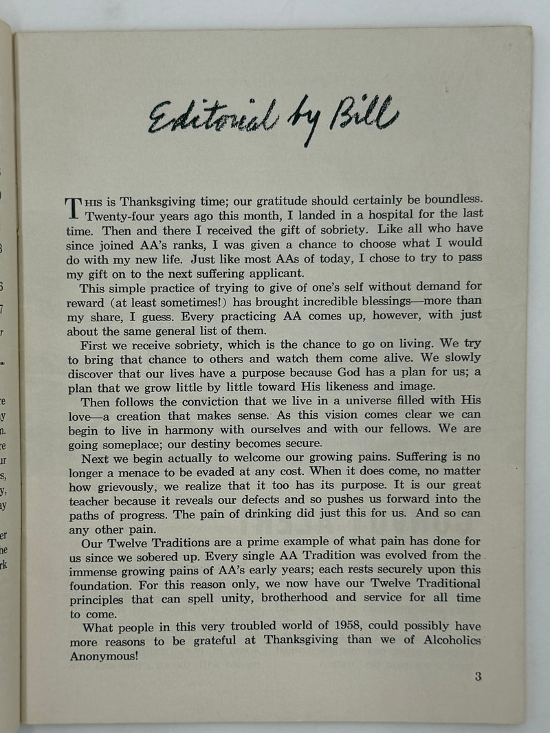 AA Grapevine from November 1958 - Traditions Month