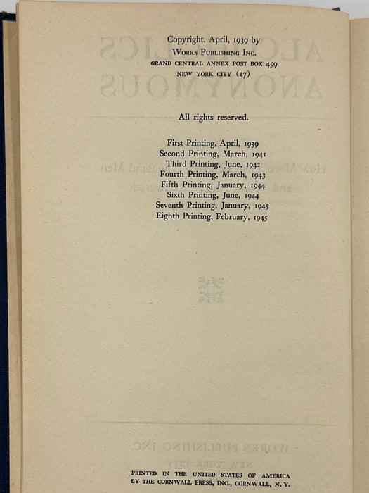 Alcoholics Anonymous First Edition 8th Printing from February 1945 - RDJ