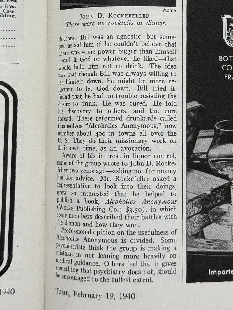Time Magazine from February 1940 - Alcoholics Anonymous Rockefeller Dinner
