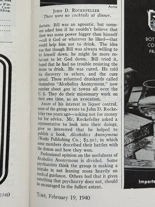 Time Magazine from February 1940 - Alcoholics Anonymous Rockefeller Dinner