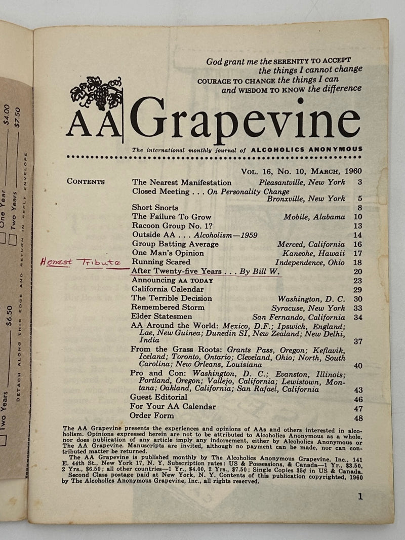 AA Grapevine from March 1960 - After Twenty-Five Years by Bill W.