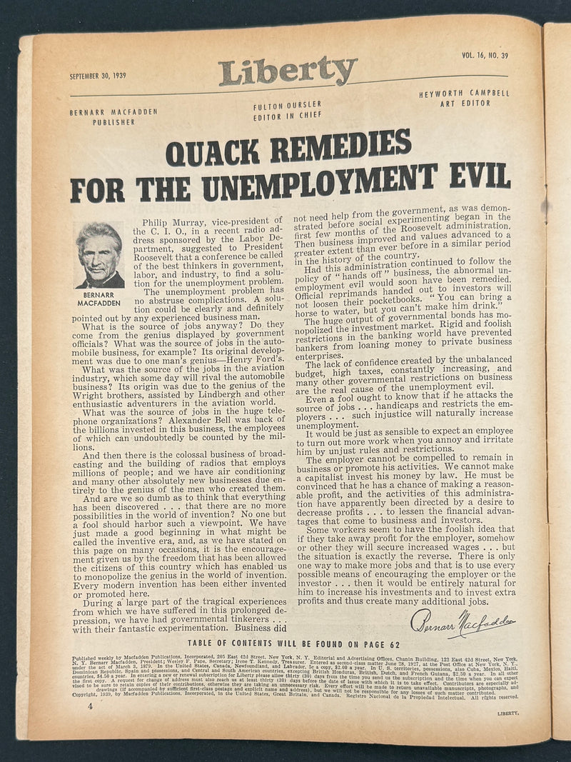 Liberty Magazine — September 30, 1939 | Featuring “Alcoholics and God” by Morris Markey