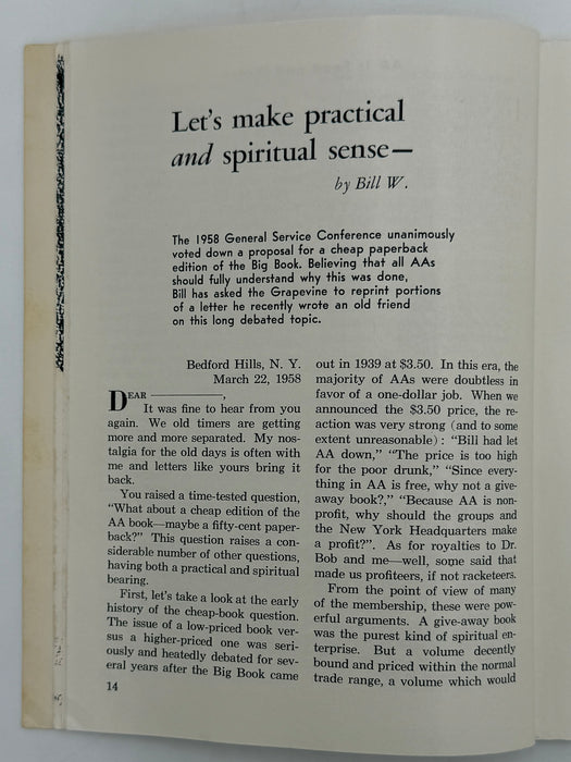 AA Grapevine from August 1958 - Let’s Make Practical and Spiritual Sense by Bill