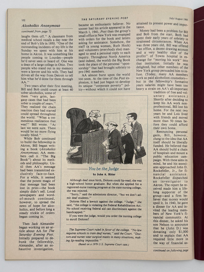 Saturday Evening Post — August 1985 Featuring “Alcoholics Anonymous Celebrates Its 50th Year” by Baz Edwards