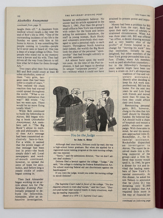 Saturday Evening Post — August 1985 Featuring “Alcoholics Anonymous Celebrates Its 50th Year” by Baz Edwards