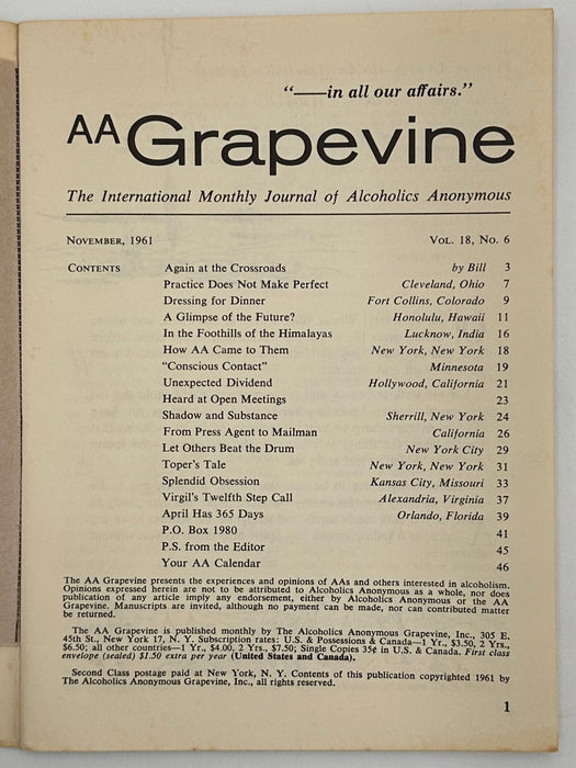 AA Grapevine from November 1961 - Again at the Crossroads by Bill