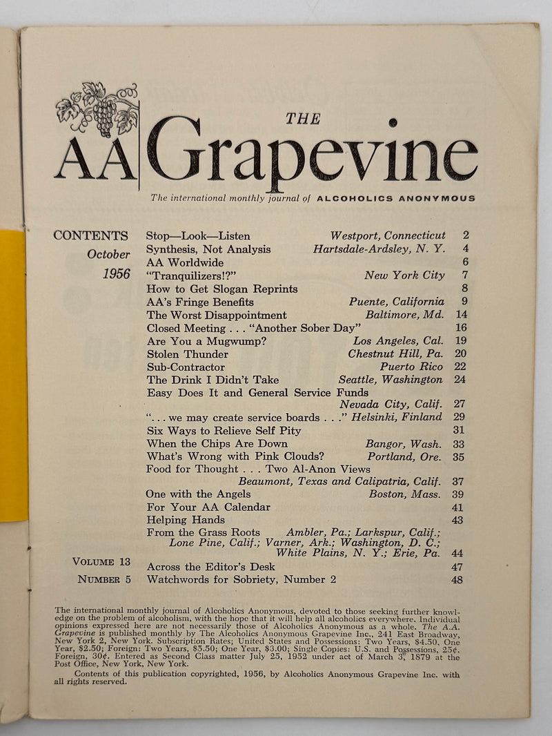 AA Grapevine from October 1956 - Tranquilizers