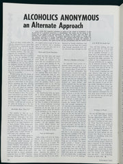 A printed page from Alcoholics Anonymous featuring the headline 'ALCOHOLICS ANONYMOUS an Alternate Approach' with multiple columns of black text on a white page.