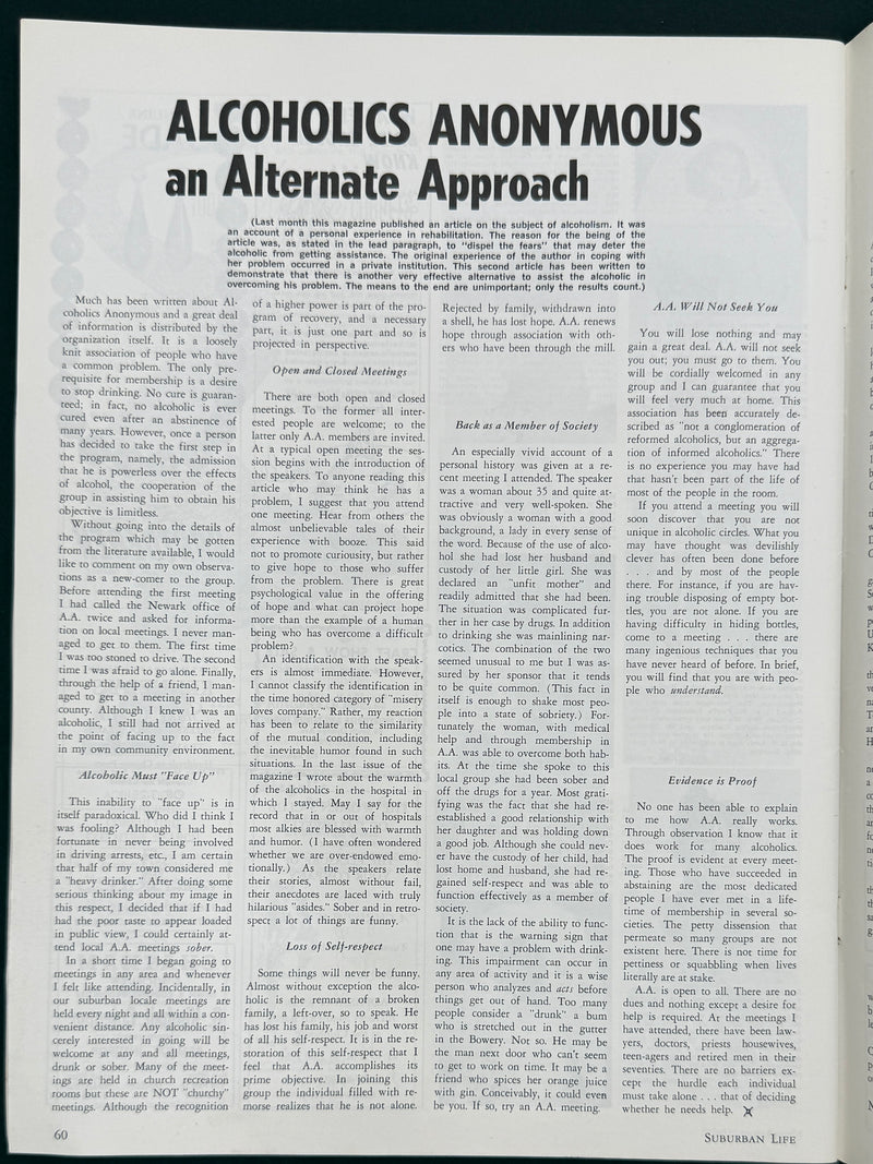 A printed page from Alcoholics Anonymous featuring the headline 'ALCOHOLICS ANONYMOUS an Alternate Approach' with multiple columns of black text on a white page.