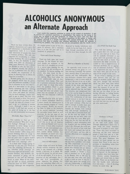 A printed page from Alcoholics Anonymous featuring the headline 'ALCOHOLICS ANONYMOUS an Alternate Approach' with multiple columns of black text on a white page.